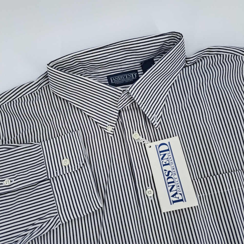 Lands' End Pinpoint Oxford Shirt Men 18.5-35 Cotton Navy Striped Button Down